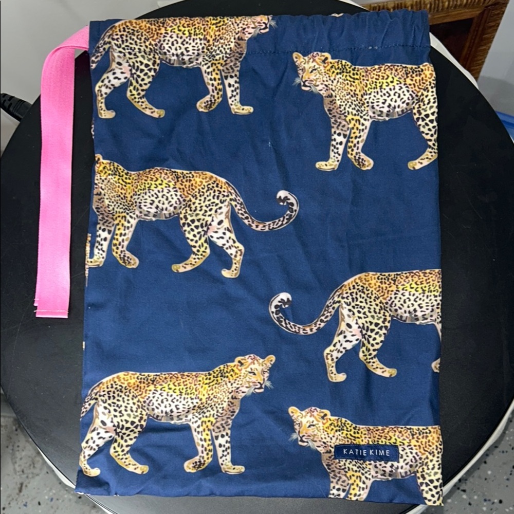 Katie Kime Blue and Yellow Cosmetic Bag with Leopard Print